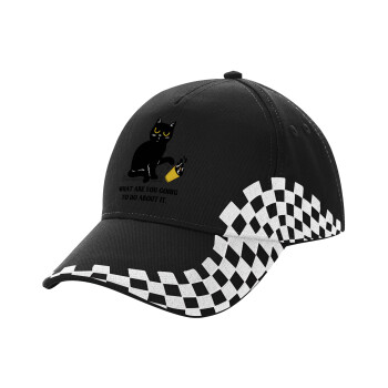 CAT, what are you going to do about it!, Adult Ultimate BLACK RACING Cap, (100% COTTON DRILL, ADULT, UNISEX, ONE SIZE)