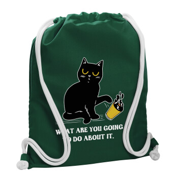 CAT, what are you going to do about it!, Τσάντα πλάτης πουγκί GYMBAG BOTTLE GREEN, με τσέπη (40x48cm) & χονδρά λευκά κορδόνια