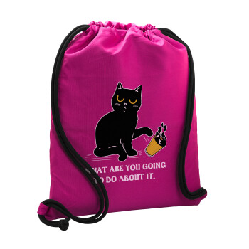 CAT, what are you going to do about it!, Backpack pouch GYMBAG Fuchsia, with pocket (40x48cm) & thick cords