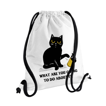 CAT, what are you going to do about it!, Backpack pouch GYMBAG white, with pocket (40x48cm) & thick cords