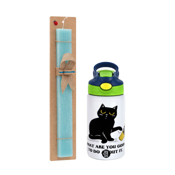 CAT, what are you going to do about it!, Easter Set, Children's thermal stainless steel bottle with safety straw, green/blue (350ml) & aromatic flat Easter candle (30cm) (TURQUOISE)