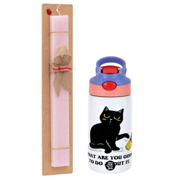 CAT, what are you going to do about it!, Easter Set, Children's thermal stainless steel water bottle with safety straw, pink/purple (350ml) & Easter scented flat candle (30cm) (PINK)