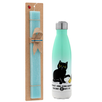 CAT, what are you going to do about it!, Easter Set, Metallic green/white thermos (Stainless steel), double-walled, 500ml & scented flat Easter candle (30cm) (TURQUOISE)