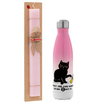 CAT, what are you going to do about it!, Easter Set, Metallic pink/white (Stainless steel) thermos, double-walled, 500ml & aromatic flat Easter candle (30cm) (PINK)