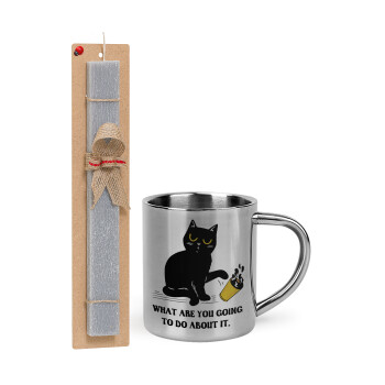 CAT, what are you going to do about it!, Easter Set, metallic thermal cup (300ml) & Easter aromatic flat candle (30cm) (GRAY)