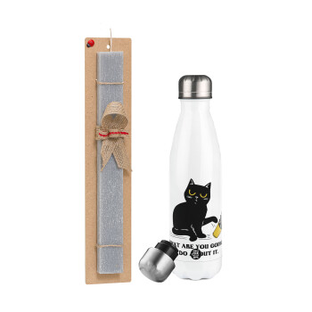 CAT, what are you going to do about it!, Easter candle, metallic white thermos bottle (500ml) & aromatic flat candle (30cm) (GRAY)