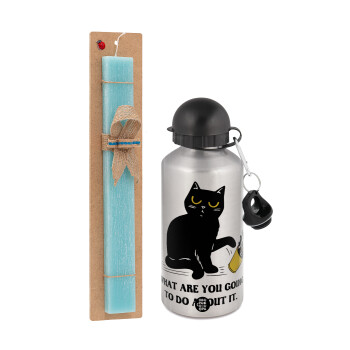 CAT, what are you going to do about it!, Easter Set, metallic silver aluminum water bottle (500ml) & scented flat Easter candle (30cm) (TURQUOISE)