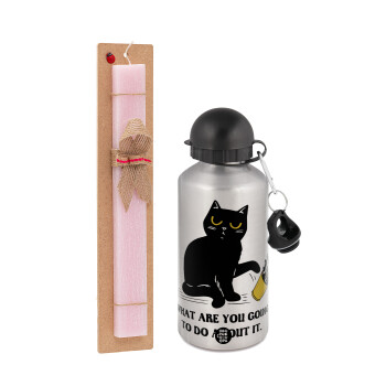 CAT, what are you going to do about it!, Easter Set, metallic Silver aluminum water bottle (500ml) & scented flat Easter candle (30cm) (PINK)