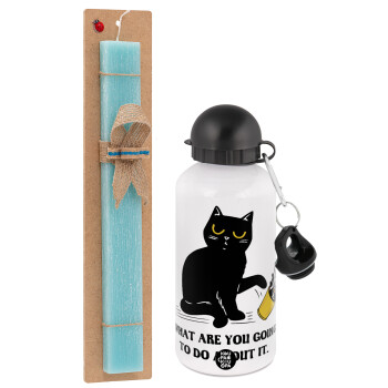 CAT, what are you going to do about it!, Easter Set, metallic aluminum water bottle (500ml) & scented flat candle (30cm) (TURQUOISE)