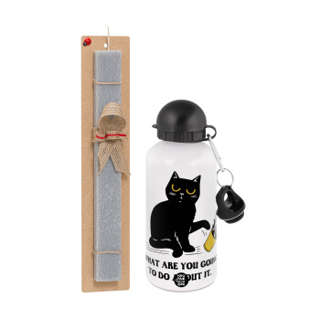 CAT, what are you going to do about it!, Easter Set, metallic aluminum water bottle (500ml) & aromatic flat Easter candle (30cm) (GRAY)