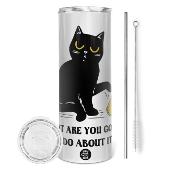 CAT, what are you going to do about it!, Eco friendly ποτήρι θερμό (tumbler) από ανοξείδωτο ατσάλι 600ml, με μεταλλικό καλαμάκι & βούρτσα καθαρισμού