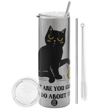 CAT, what are you going to do about it!, Eco friendly ποτήρι θερμό Ασημένιο (tumbler) από ανοξείδωτο ατσάλι 600ml, με μεταλλικό καλαμάκι & βούρτσα καθαρισμού