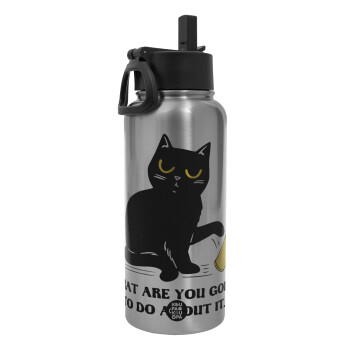 CAT, what are you going to do about it!, Metal mug thermo Silver with Straw and Spout Lid (Stainless steel), double wall, 950ml