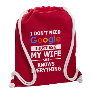 I don't need Google, just ask my WIFE, Backpack pouch GYMBAG Red, with pocket (40x48cm) & thick cords