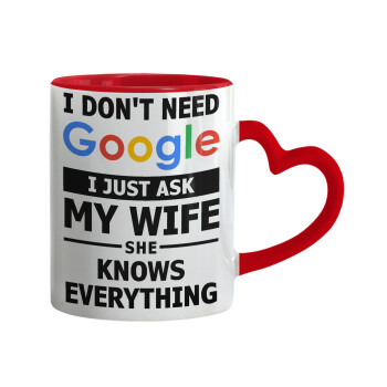 I don't need Google, just ask my WIFE, Κούπα καρδιά χερούλι κόκκινη, κεραμική, 330ml