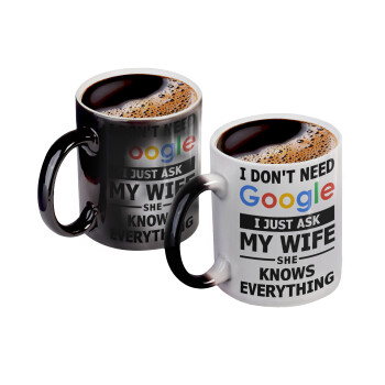 I don't need Google, just ask my WIFE, Color changing magic Mug, ceramic, 330ml when adding hot liquid inside, the black colour desappears (1 pcs)