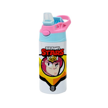 Brawl Stars Colt, Children's hot water bottle, stainless steel, with safety straw, Pink/BlueCiel (360ml) BPA FREE