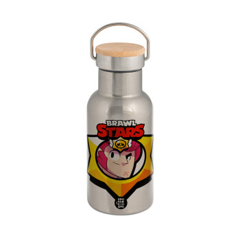 Brawl Stars Colt, Μεταλλικό παγούρι θερμός (Stainless steel) Ασημένιο με ξύλινο καπακι (bamboo), διπλού τοιχώματος, 350ml