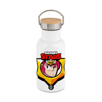 Brawl Stars Colt, Metallic thermos (Stainless steel) White with wooden lid (bamboo), double-walled, 350ml