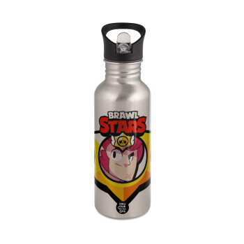 Brawl Stars Colt, Water bottle Silver with straw, stainless steel 600ml