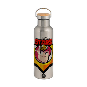 Brawl Stars Colt, Μεταλλικό παγούρι θερμός (Stainless steel) Ασημένιο με ξύλινο καπακι (bamboo), διπλού τοιχώματος, 750ml