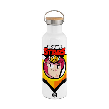 Brawl Stars Colt, Μεταλλικό παγούρι θερμός (Stainless steel) Λευκό με ξύλινο καπακι (bamboo), διπλού τοιχώματος, 750ml