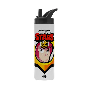 Brawl Stars Colt, Metallic thermos bottle with straw & handle, stainless steel (Stainless steel 304), double-walled, 600ml.