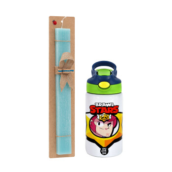 Brawl Stars Colt, Easter Set, Children's thermal stainless steel bottle with safety straw, green/blue (350ml) & aromatic flat Easter candle (30cm) (TURQUOISE)