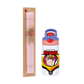 Brawl Stars Colt, Easter Set, Children's thermal stainless steel water bottle with safety straw, pink/purple (350ml) & Easter scented flat candle (30cm) (PINK)