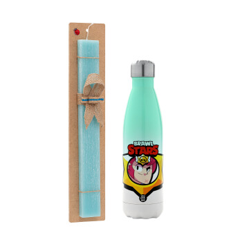 Brawl Stars Colt, Easter Set, Metallic green/white thermos (Stainless steel), double-walled, 500ml & scented flat Easter candle (30cm) (TURQUOISE)