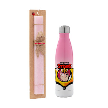 Brawl Stars Colt, Easter Set, Metallic pink/white (Stainless steel) thermos, double-walled, 500ml & aromatic flat Easter candle (30cm) (PINK)