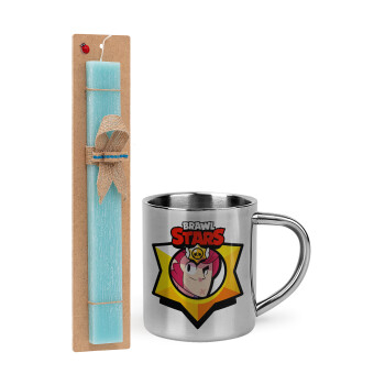 Brawl Stars Colt, Easter Set, metallic thermal cup (300ml) & aromatic flat Easter candle (30cm) (TURQUOISE)