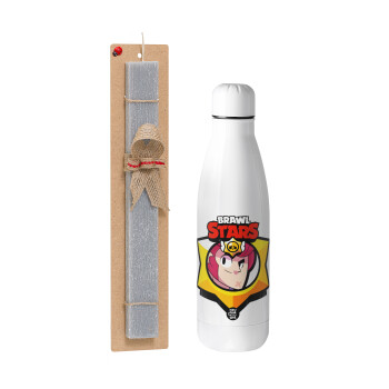 Brawl Stars Colt, Easter Set, metallic stainless thermos bottle (500ml) & scented flat Easter candle (30cm) (GRAY)