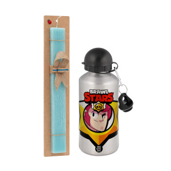 Brawl Stars Colt, Easter Set, metallic silver aluminum water bottle (500ml) & scented flat Easter candle (30cm) (TURQUOISE)