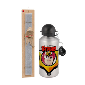 Brawl Stars Colt, Easter Set, metallic silver aluminum water bottle (500ml) & aromatic flat Easter candle (30cm) (GRAY)