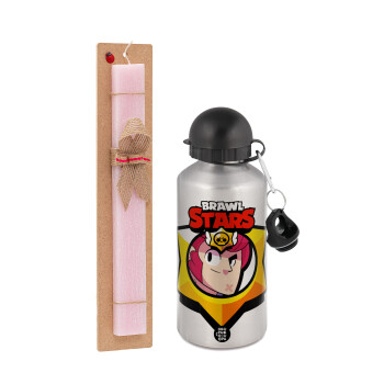 Brawl Stars Colt, Easter Set, metallic Silver aluminum water bottle (500ml) & scented flat Easter candle (30cm) (PINK)