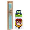 Easter Set, Children's thermal stainless steel bottle with safety straw, green/blue (350ml) & aromatic flat Easter candle (30cm) (TURQUOISE)