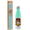 Easter Set, Metallic green/white thermos (Stainless steel), double-walled, 500ml & scented flat Easter candle (30cm) (TURQUOISE)