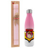 Easter Set, Metallic pink/white (Stainless steel) thermos, double-walled, 500ml & aromatic flat Easter candle (30cm) (PINK)