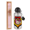 Easter Set, metallic Silver aluminum water bottle (500ml) & scented flat Easter candle (30cm) (PINK)