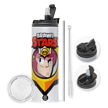 Brawl Stars Colt, Travel Tumbler 2 Lids, with metal straw & cleaning brush (Stainless steel 304 Food grade, BPA free, 600ml)