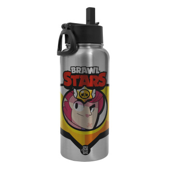 Brawl Stars Colt, Metal mug thermo Silver with Straw and Spout Lid (Stainless steel), double wall, 950ml