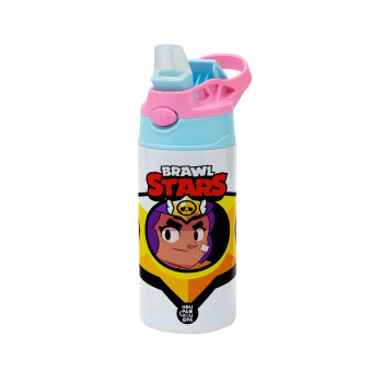 Brawl Stars Shelly, Children's hot water bottle, stainless steel, with safety straw, Pink/BlueCiel (360ml) BPA FREE