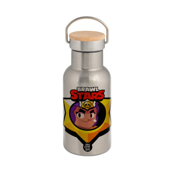 Brawl Stars Shelly, Μεταλλικό παγούρι θερμός (Stainless steel) Ασημένιο με ξύλινο καπακι (bamboo), διπλού τοιχώματος, 350ml