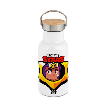 Brawl Stars Shelly, Μεταλλικό παγούρι θερμός (Stainless steel) Λευκό με ξύλινο καπακι (bamboo), διπλού τοιχώματος, 350ml