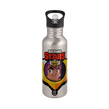 Brawl Stars Shelly, Water bottle Silver with straw, stainless steel 600ml