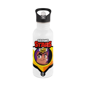 Brawl Stars Shelly, White water bottle with straw, stainless steel 600ml