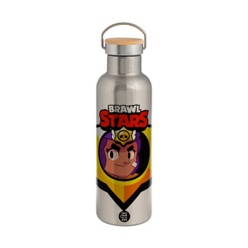 Brawl Stars Shelly, Μεταλλικό παγούρι θερμός (Stainless steel) Ασημένιο με ξύλινο καπακι (bamboo), διπλού τοιχώματος, 750ml