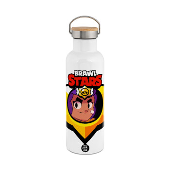 Brawl Stars Shelly, Μεταλλικό παγούρι θερμός (Stainless steel) Λευκό με ξύλινο καπακι (bamboo), διπλού τοιχώματος, 750ml