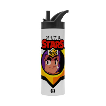 Brawl Stars Shelly, Metallic thermos bottle with straw & handle, stainless steel (Stainless steel 304), double-walled, 600ml.